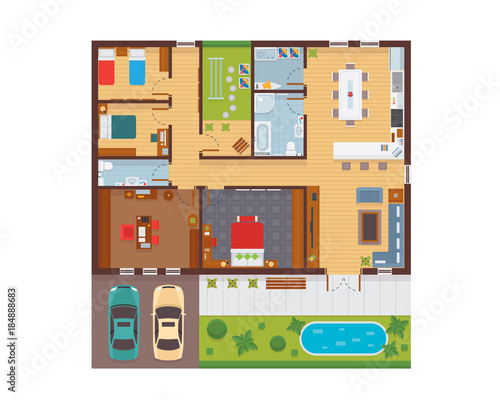 Flat Modern Family House Interior And Room Spaces From Top View Illustration Showing Living Room, Dining Room, Kitchen, Bedroom, Family Room, and Garage.