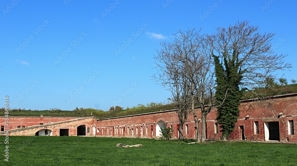Barracks buildings surrounding wall around historical fotress in Komarno, Slovakia