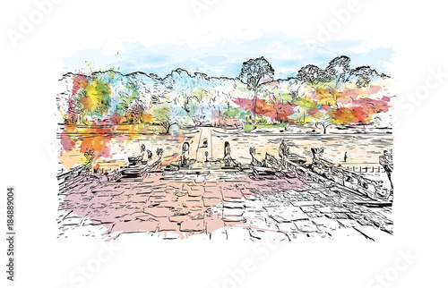 Angkor Wat Temple, Cambodia. Watercolor splash with hand drawn sketch illustration in vector 