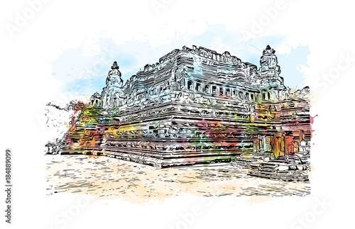 Angkor Wat Temple, Cambodia. Watercolor splash with hand drawn sketch illustration in vector 