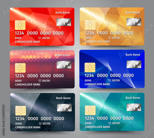 Realistic detailed credit cards set with colorful triangular design background.