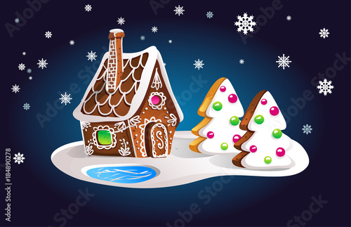 Composition of gingerbread house and fir trees in the night sky and snowfall. Christmas card, vector illustration.