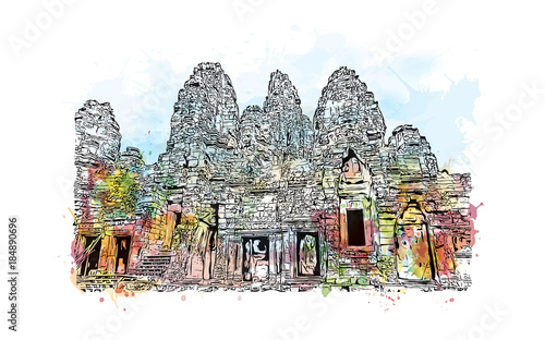 Angkor Wat Temple, Cambodia. Watercolor splash with hand drawn sketch illustration in vector 