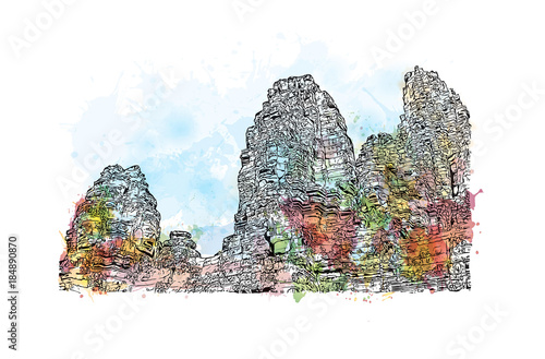 Angkor Wat Temple, Cambodia. Watercolor splash with hand drawn sketch illustration in vector 