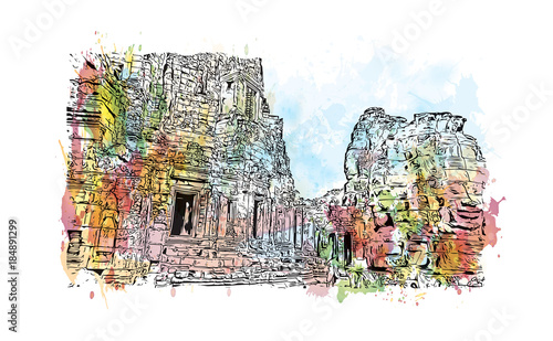 Angkor Wat Temple, Cambodia. Watercolor splash with hand drawn sketch illustration in vector 