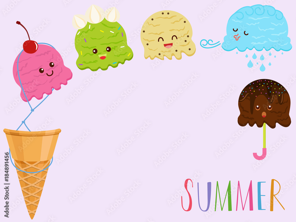 Vector illustration of cute colorful smiling ice cream scoop cartoon, many  flavors with toppings, wafer cone on pink background Stock Vector