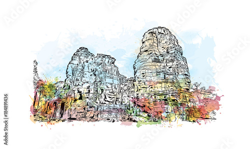 Angkor Wat Temple, Cambodia. Watercolor splash with hand drawn sketch illustration in vector 