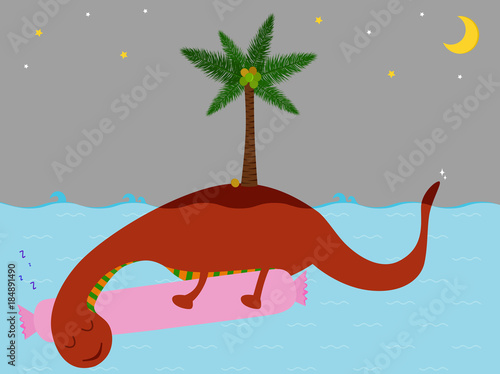 Vector illustration of cute smiling Loch Ness Monster cartoon, sleeping Nessie under water holding pink bolster pillow with the back as isolated island at night