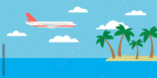 Cartoon vector illustration of a tropical island with palm trees and a large plane flying between clouds on a blue sky