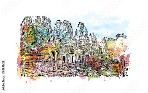 Angkor Wat Temple, Cambodia. Watercolor splash with hand drawn sketch illustration in vector 