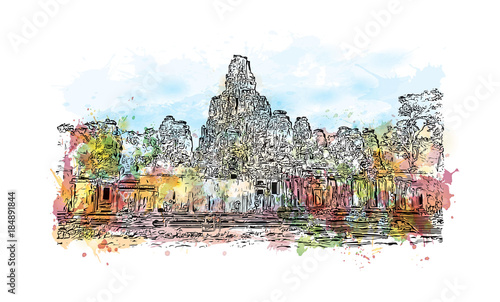 Angkor Wat Temple, Cambodia. Watercolor splash with hand drawn sketch illustration in vector 