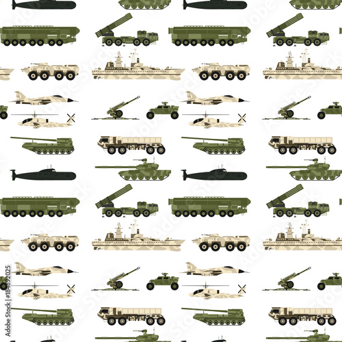 Military transport technic army war tanks industry technic armor system armored personnel camouflage seamless pattern background vector illustration.