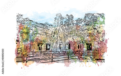 Angkor Wat Temple, Cambodia. Watercolor splash with hand drawn sketch illustration in vector 