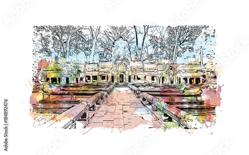 Angkor Wat Temple, Cambodia. Watercolor splash with hand drawn sketch illustration in vector 