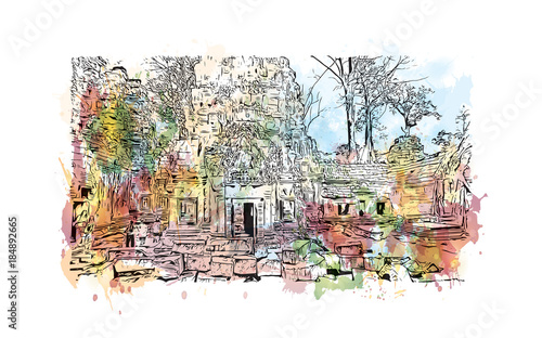 Angkor Wat Temple, Cambodia. Watercolor splash with hand drawn sketch illustration in vector 