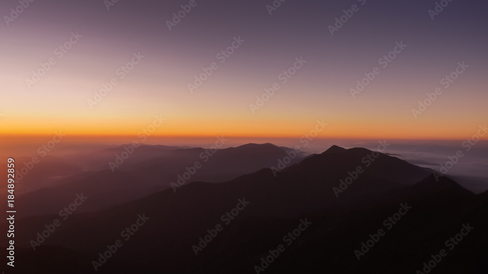 Beautiful Natural Sunset Sunrise Over Khao Mokoju Summit Mokoju Mountain, Mae Wong National Park, Thailand.