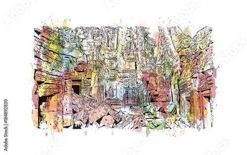 Angkor Wat Temple, Cambodia. Watercolor splash with hand drawn sketch illustration in vector 