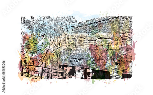 Angkor Wat Temple, Cambodia. Watercolor splash with hand drawn sketch illustration in vector 