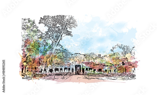 Angkor Wat Temple, Cambodia. Watercolor splash with hand drawn sketch illustration in vector 