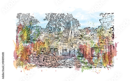 Angkor Wat Temple, Cambodia. Watercolor splash with hand drawn sketch illustration in vector 