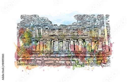 Angkor Wat Temple, Cambodia. Watercolor splash with hand drawn sketch illustration in vector 