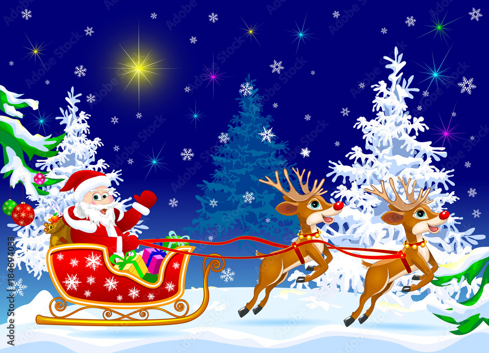 Santa on sleigh with deer.Santa Claus and deer in the winter forest on the eve of Christmas Santa on sleigh with deer.Santa Claus and deer in the winter forest on the eve of Christmas