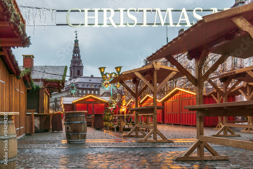 Christmas Market at Amagertorv Copenhagen, A festoon with the text CHRISTMAS is see over the street photo