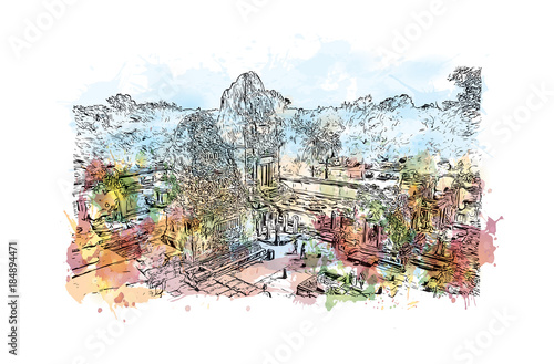 Angkor Wat Temple, Cambodia. Watercolor splash with hand drawn sketch illustration in vector 