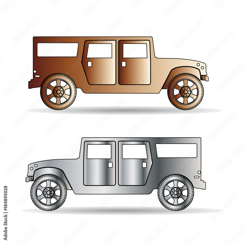 Retro Silhouette of two cars metallic color, cartoon on white ...