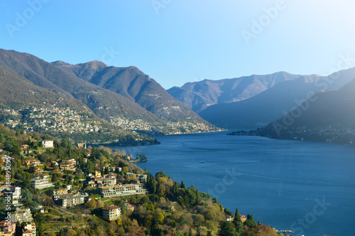 Panoramic view of Lake Lugano in Switzerland in a sunny day