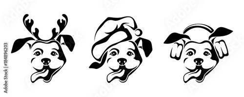 Vector black silhouettes of dogs wearing Christmas hat, reindeer antlers and earmuffs.