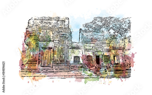 Angkor Wat Temple, Cambodia. Watercolor splash with hand drawn sketch illustration in vector 