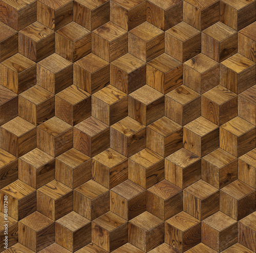Natural wooden background cube 3d, grunge parquet flooring design seamless texture