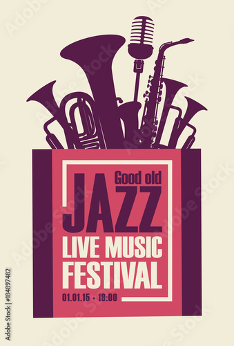 Vector poster for a jazz festival live music with saxophone, wind instruments and a microphone in retro style on white background