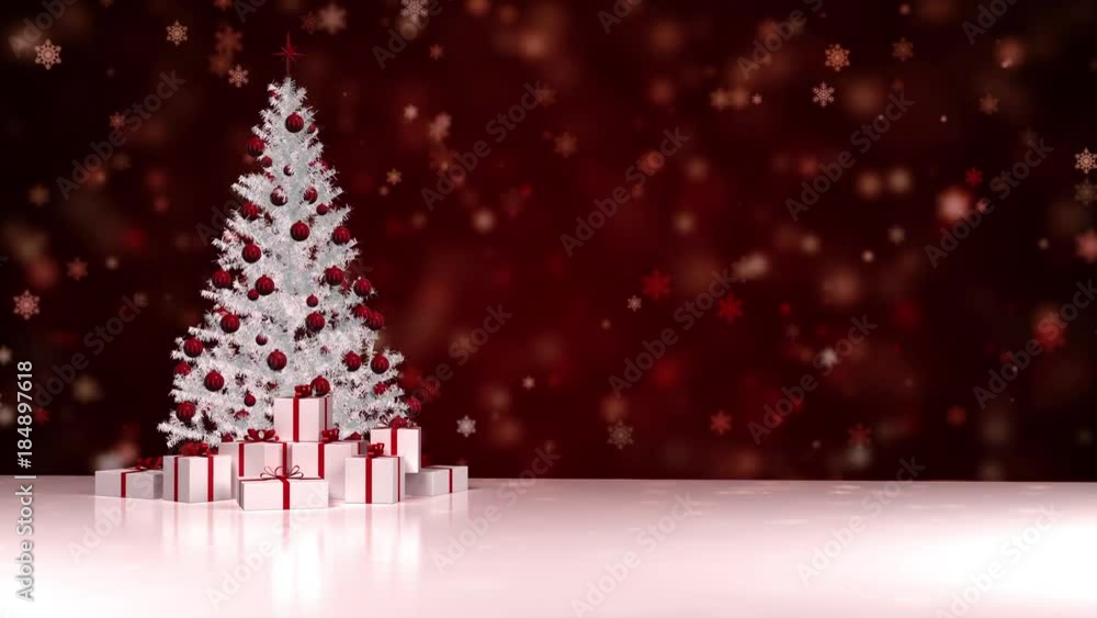 Christmas tree spins with New Year gifts in boxes on a dark red snowfall background 4k video Seamless Loop Animation Christmas tree spins with New Year gifts in boxes on a dark red snowfall background 4k video Seamless Loop Animation