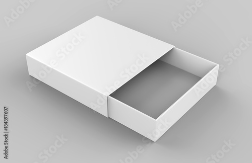 Realistic Package Cardboard Sliding drawer Box with ribbon pull on grey background. For small items, matches, and other things. 3d render illustration