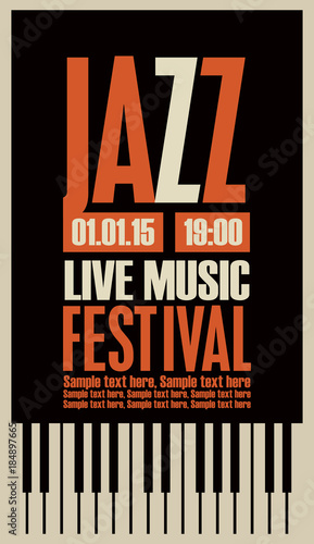 Vector poster for a jazz festival live music with piano keys and place for text in retro style on black background