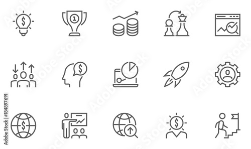 Business strategy and teamwork icons, thin line flat design