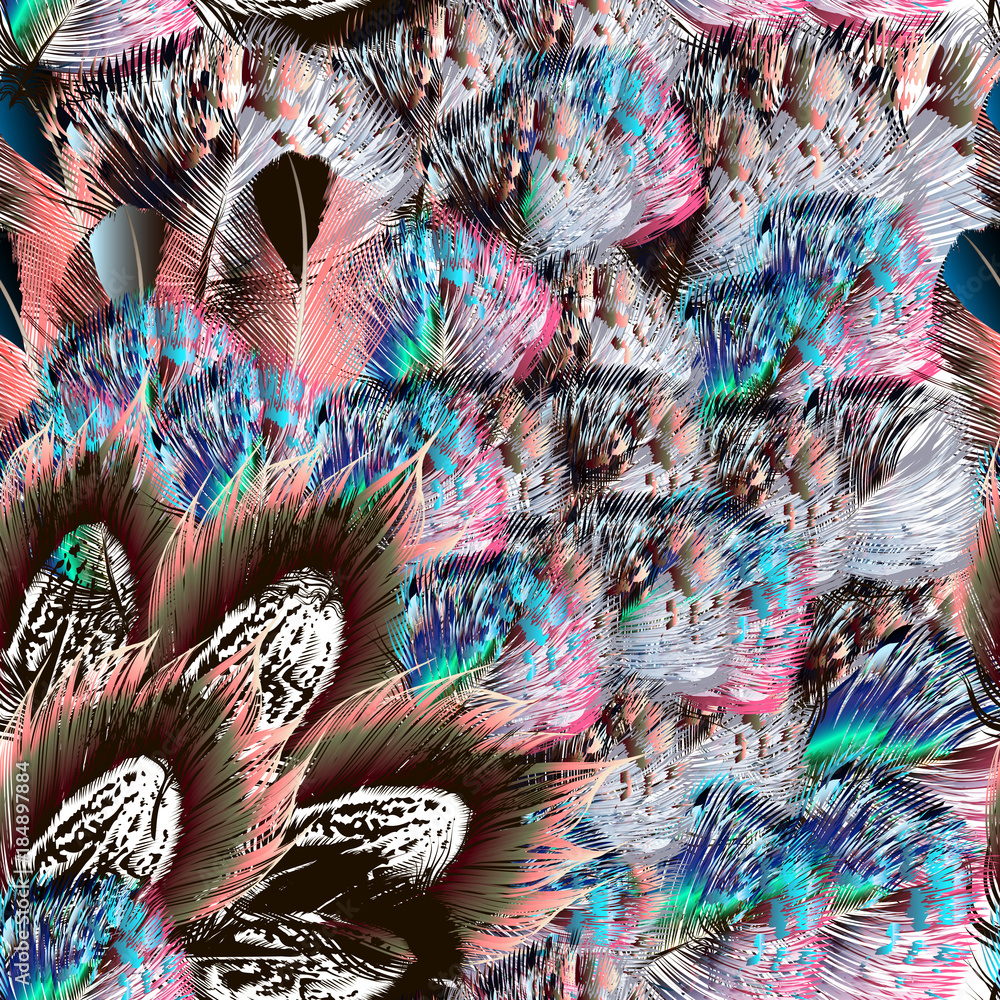 Fashion wallpaper pattern or background with beautiful colorful feathers