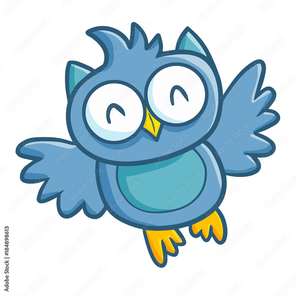 Cute and funny blue owl smiling and flying happily - vector. Cute and funny blue owl smiling and flying happily - vector.
