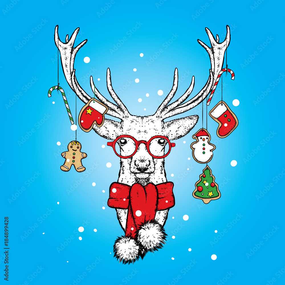 Fototapeta premium Christmas deer with cookies decorated with biscuits. Vector illustration. New Year's and Christmas. An animal in a scarf and glasses.