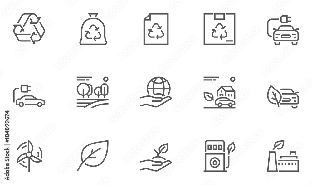 Fototapeta premium Set of Ecology Environment and Conservation Line Icons with Electric Car, Forest, Organic Farming and more. Editable Stroke. 48x48 Pixel Perfect.