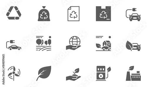 Set of Ecology Environment and Conservation Icons with Electric Car, Forest, Organic Farming and more.