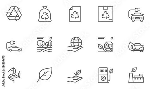Set of Ecology Environment and Conservation Line Icons with Electric Car, Forest, Organic Farming and more. Editable Stroke. 48x48 Pixel Perfect.