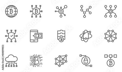 Set of Blockchain Technology Line Icons with Digital Currency, E-wallet, Electronic Purse, International Transactions and more. Editable Stroke. 48x48 Pixel Perfect.