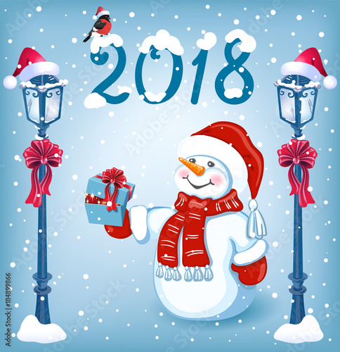 Christmas card with funny Snowman in Santa cap with gift box against snowfal background and  streetlamp