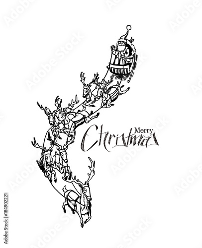 Santa Claus rides reindeer sleigh flying