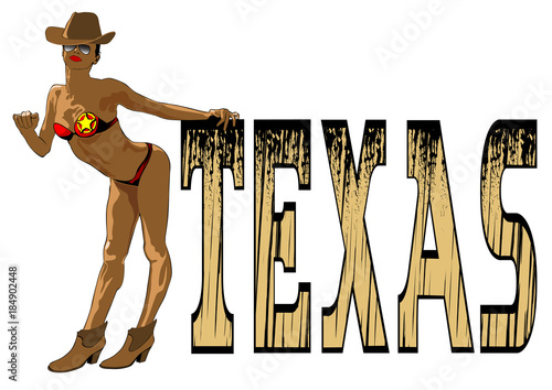 Girl in a bikini and a hat with a sheriff's badge