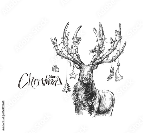 Happy Christmas - Cartoon Style Hand Sketchy drawing of reindeer
