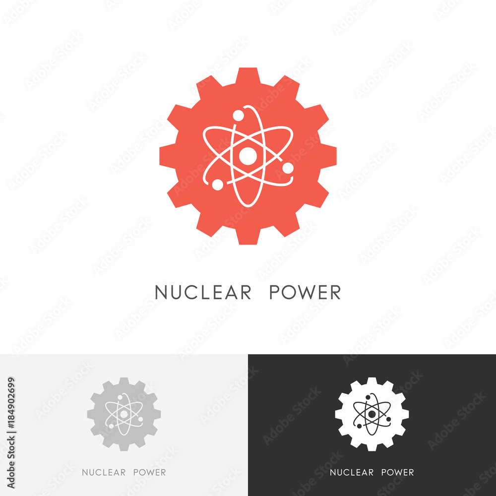 Nuclear power logo - atom and gear wheel or pinion symbol. Atomic energy, industry and ecology vector icon. Nuclear power logo - atom and gear wheel or pinion symbol. Atomic energy, industry and ecology vector icon.